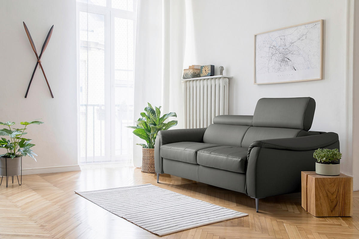 SCHLAFSOFA PAFOS in Lederlook Echtleder Dunkelgrau  - Dunkelgrau/Schwarz, Design, Leder/Textil (203/77-98/103cm) - MID.YOU