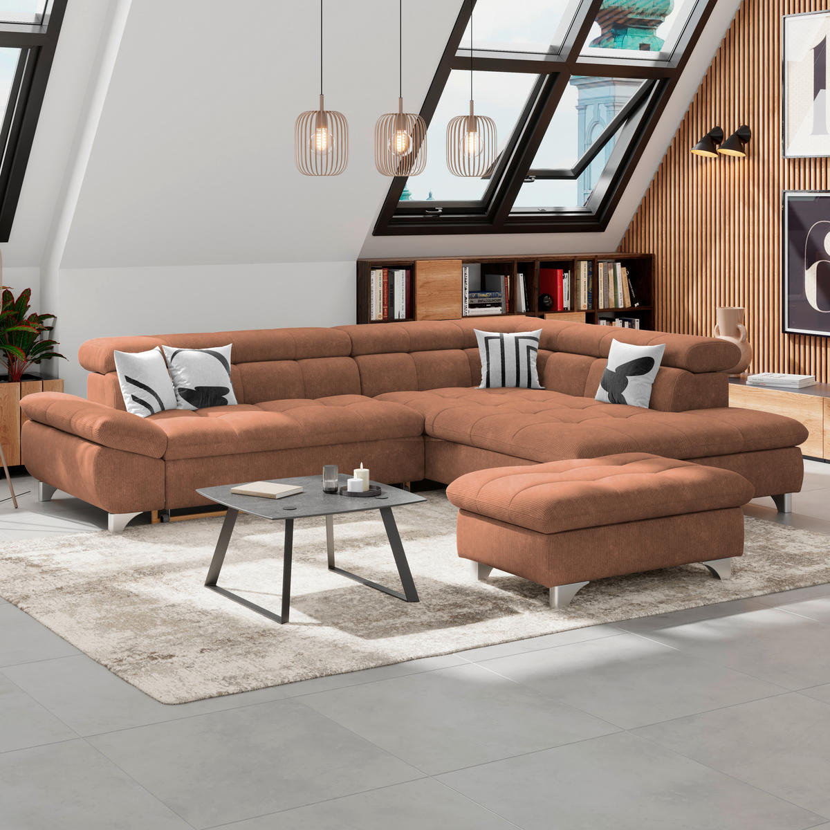 HOCKER in Textil Rotbraun  - Chromfarben/Rotbraun, Konventionell, Textil/Metall (108/46/108cm) - Livetastic