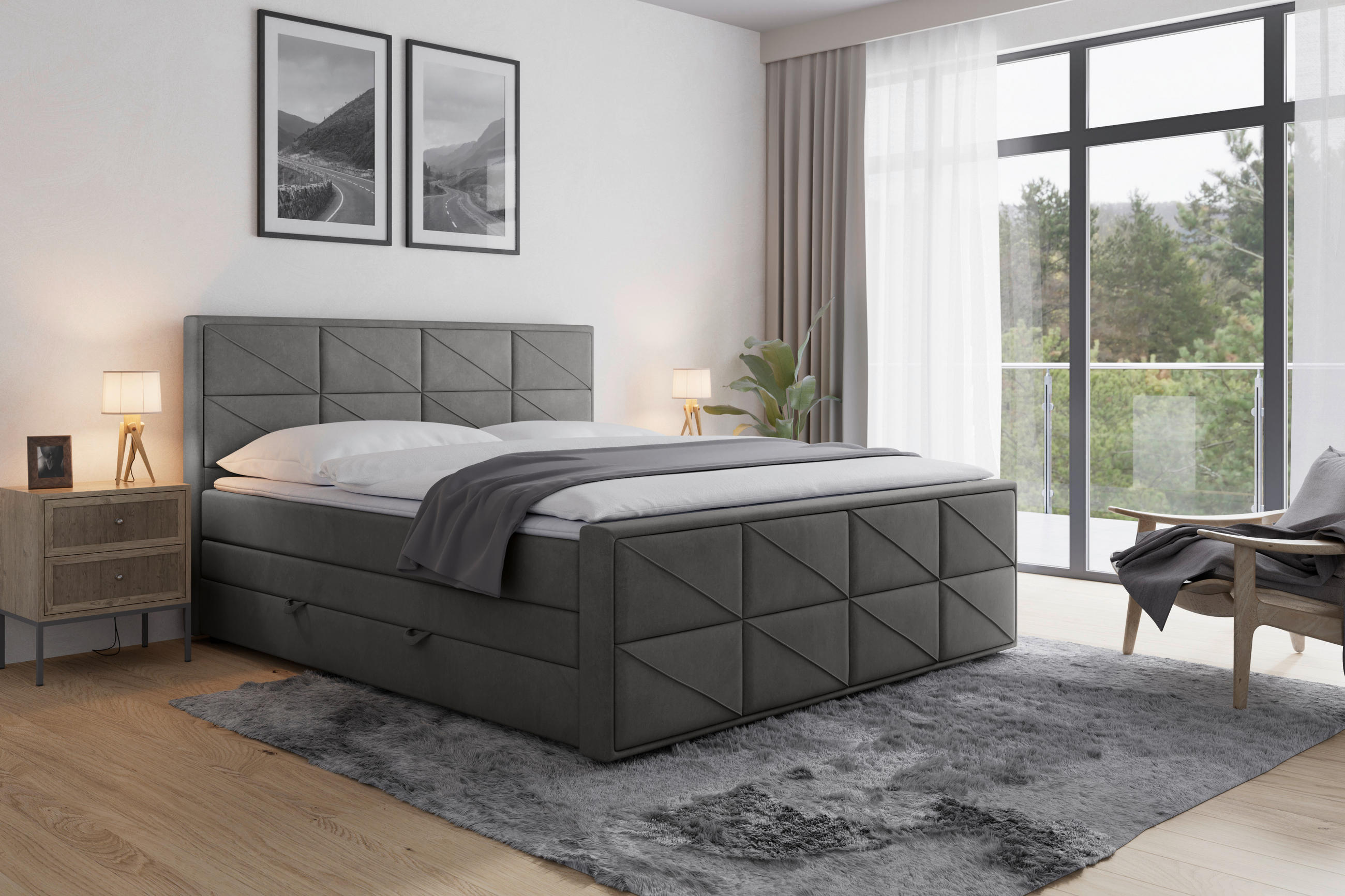 Thumbnail - Mid.you Boxspringbett, Anthrazit, Textil, teilmassiv, Hartholz,teilmassiv, Hartholz, H2 + H3, Höhe ca. 20 cm, 180x200 cm...