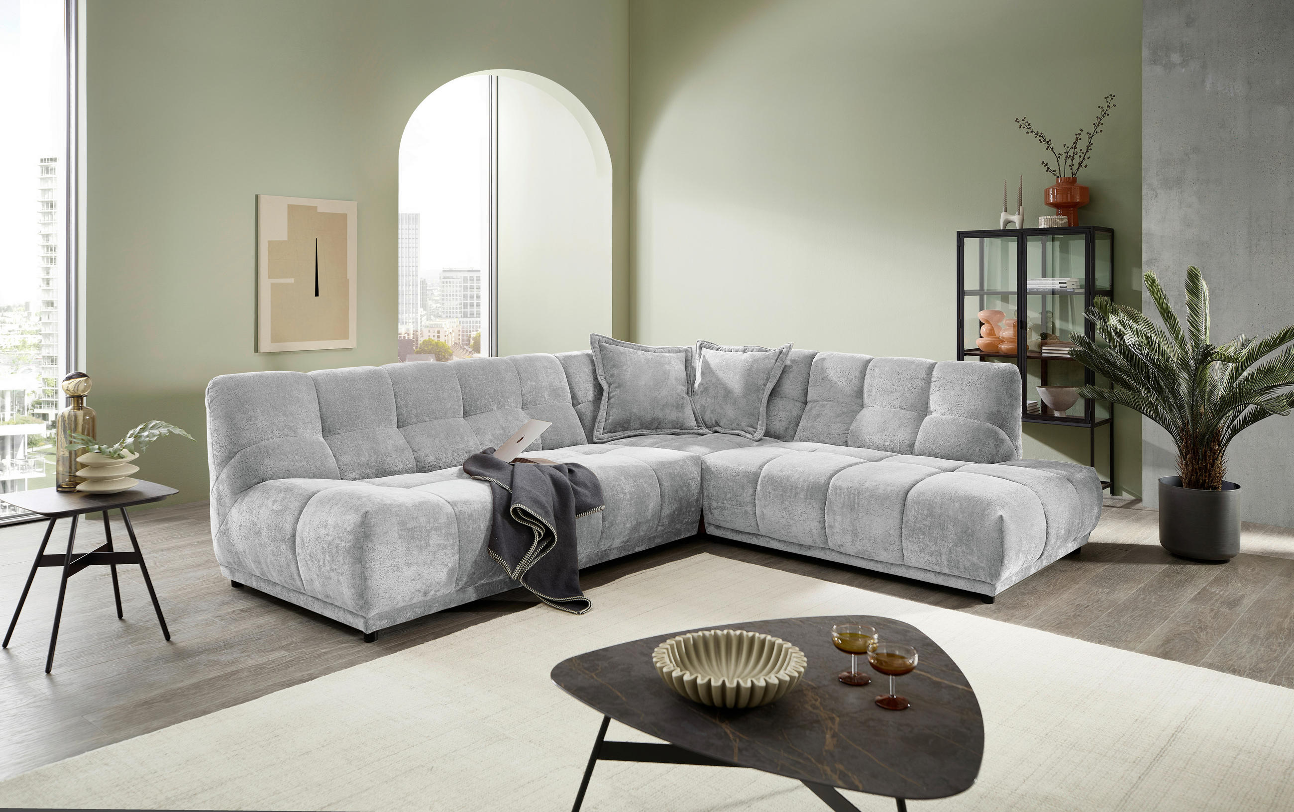 ECKSOFA Chenille Hellblau  - Schwarz/Hellblau, Modern, Kunststoff/Textil (284/250cm) - Livetastic