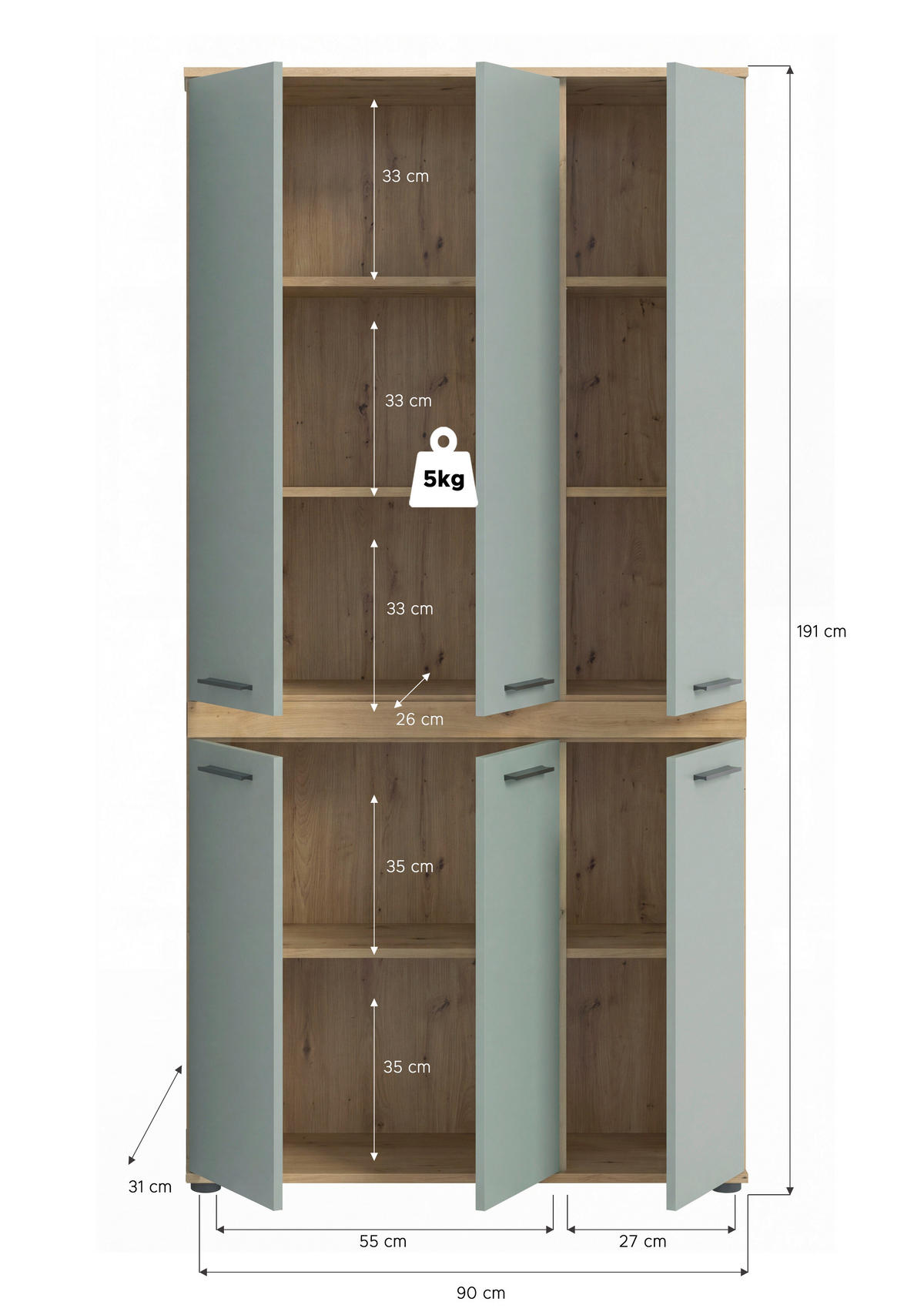 HOCHSCHRANK 90/191/31 cm  - Salbeigrün/Schwarz, Trend, Holzwerkstoff/Kunststoff (90/191/31cm) - MID.YOU