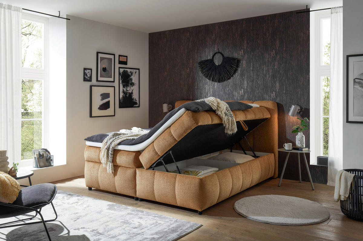 BOXBETT 180/200 cm,  in Honig, Bettkasten, Topper, H2 + H2 = mittel  - Schwarz/Honig, Design, Kunststoff/Textil (180/200cm) - Esposa