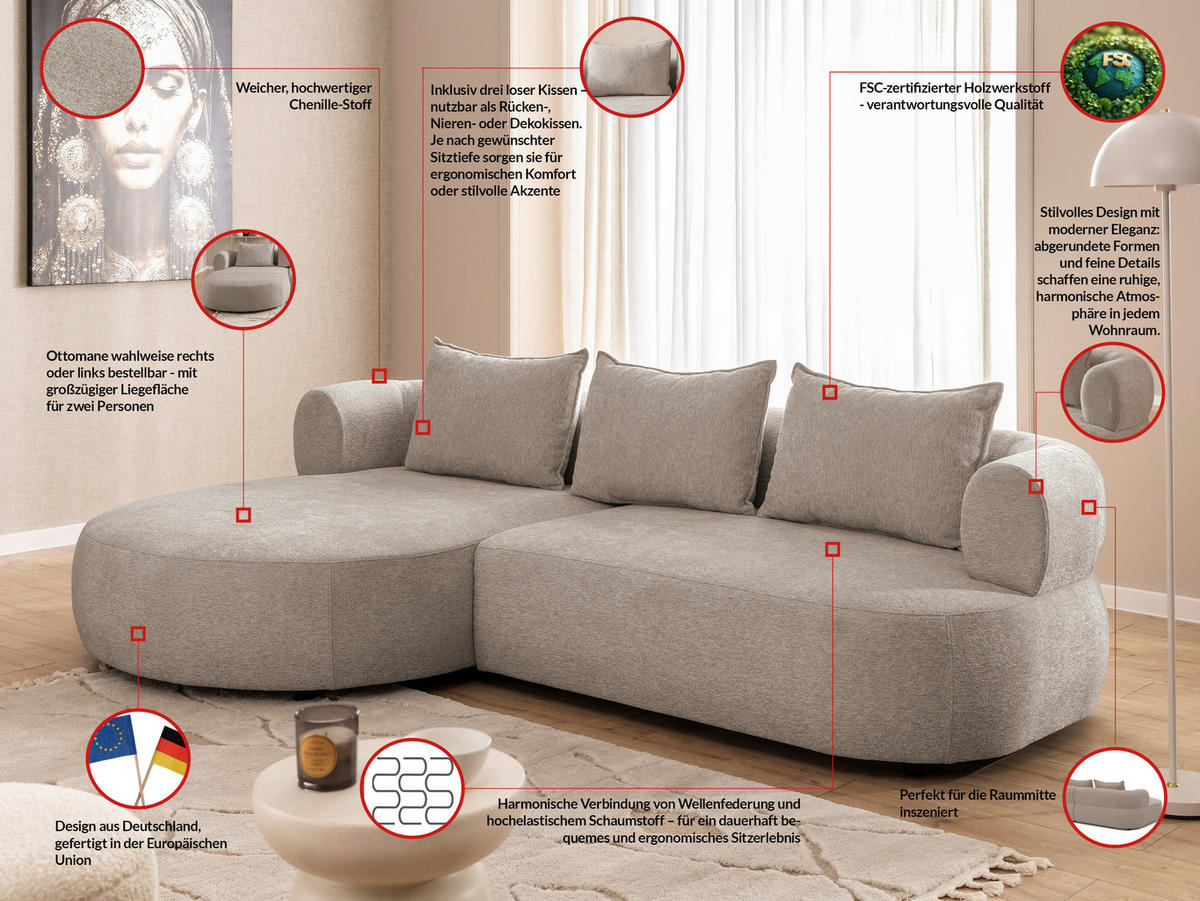 ECKSOFA FERRO Beige Chenille  - Beige/Schwarz, Design, Kunststoff/Textil (156/256cm) - Livetastic