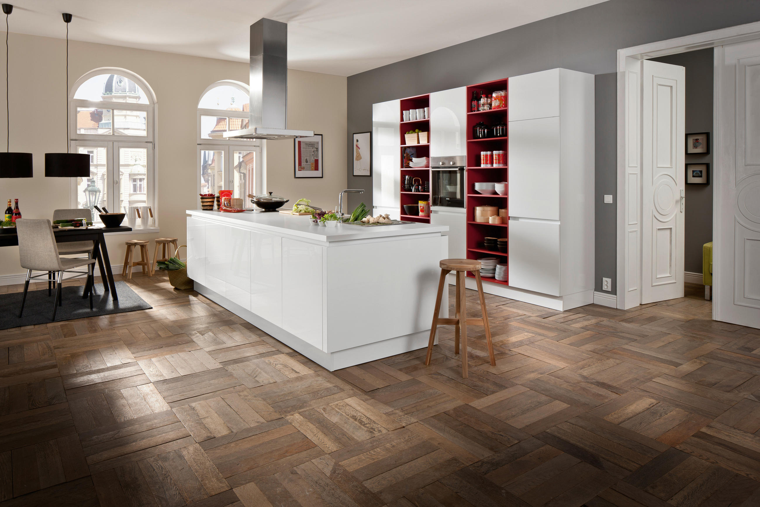 EINBAUKÜCHE ULTRA GLISS  - Rot/Weiß, Design, Holzwerkstoff - Novel