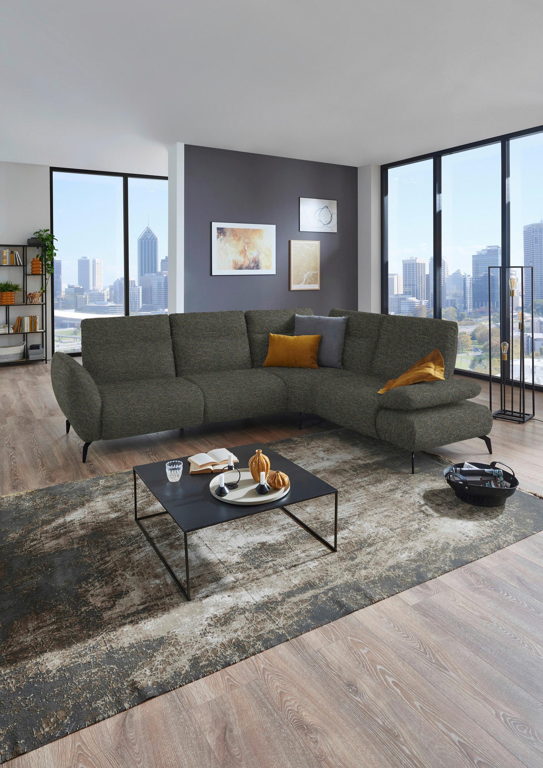 ECKSOFA in Webstoff Khaki  - Khaki/Schwarz, Design, Textil/Metall (290/223cm) - Moderano
