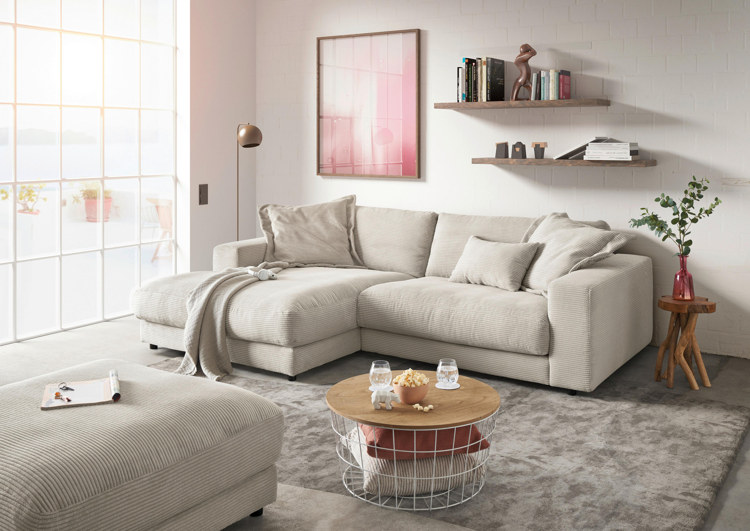 ECKSOFA Hellgrau Cord  - Hellgrau/Schwarz, Design, Kunststoff/Textil (190/250cm) - Pure Home Lifestyle