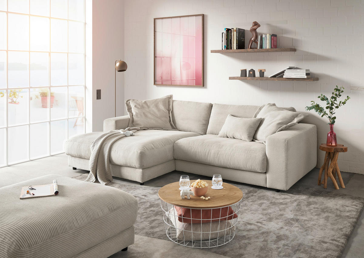 ECKSOFA in Cord Hellgrau  - Hellgrau/Schwarz, Design, Kunststoff/Textil (190/250cm) - Pure Home Lifestyle