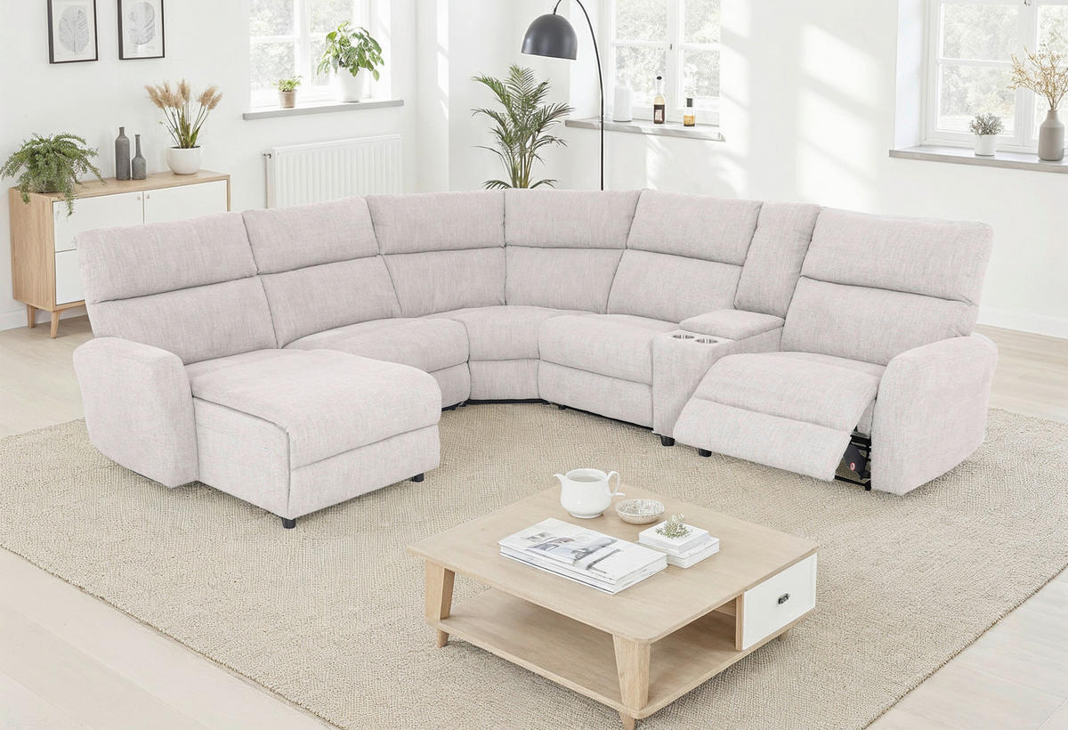 WOHNLANDSCHAFT Hellgrau Webstoff  - Hellgrau/Schwarz, KONVENTIONELL, Kunststoff/Textil (302/107/325cm) - MID.YOU