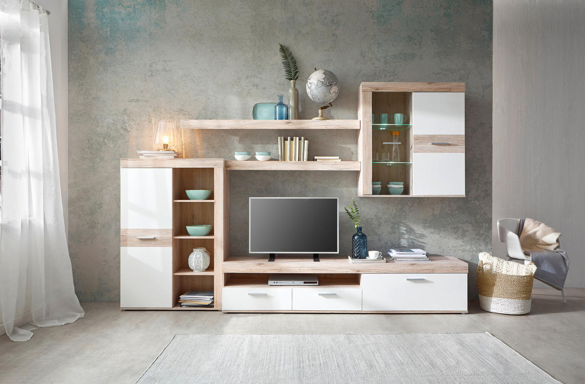 WOHNWAND  in Weiß, Eichefarben  300/200,9/41 cm  - Eichefarben/Alufarben, Design, Glas/Holzwerkstoff (300/200,9/41cm) - Carryhome