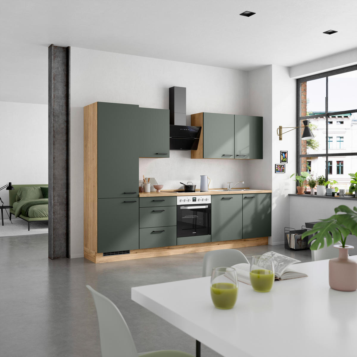 KÜCHENBLOCK Easytouch 300 cm  in Eichefarben, Dunkelgrün  - Dunkelgrün/Eichefarben, MODERN, Holzwerkstoff/Metall (300cm) - Nobilia