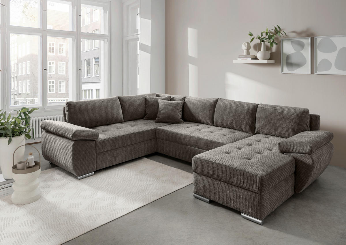 Wohnlandschaft in Mikrofaser Graubraun  - Chromfarben/Graubraun, KONVENTIONELL, Textil (219/305/157cm) - Livetastic