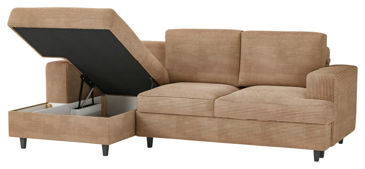 ECKSOFA Cord, Velours Hellbraun  - Hellbraun/Schwarz, Design, Holz/Textil (140/247cm) - MID.YOU