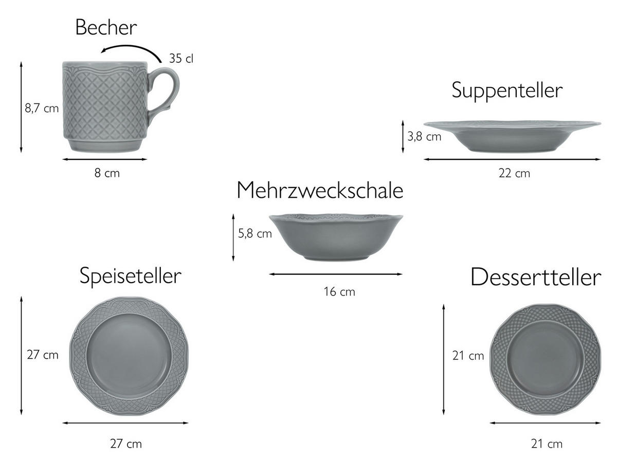 KOMBINOVANÝ SERVIS, 20-dielne, porcelán - sivá, Basics, keramika - Creatable