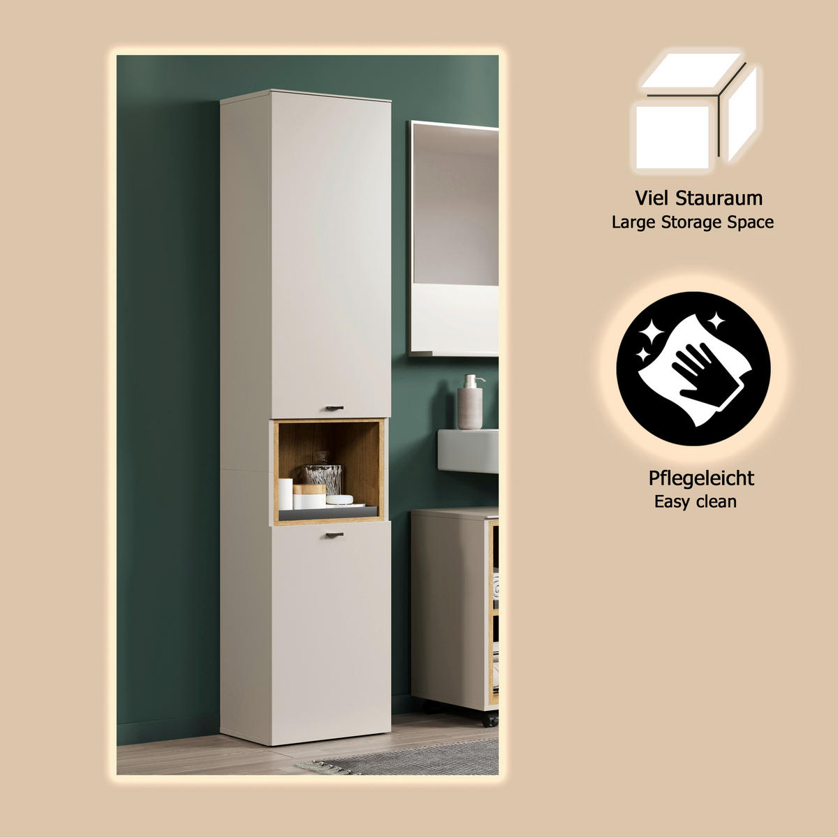HOCHSCHRANK 40/186/31 cm  - Kaschmir/Schwarz, Trend, Holzwerkstoff/Kunststoff (40/186/31cm) - MID.YOU