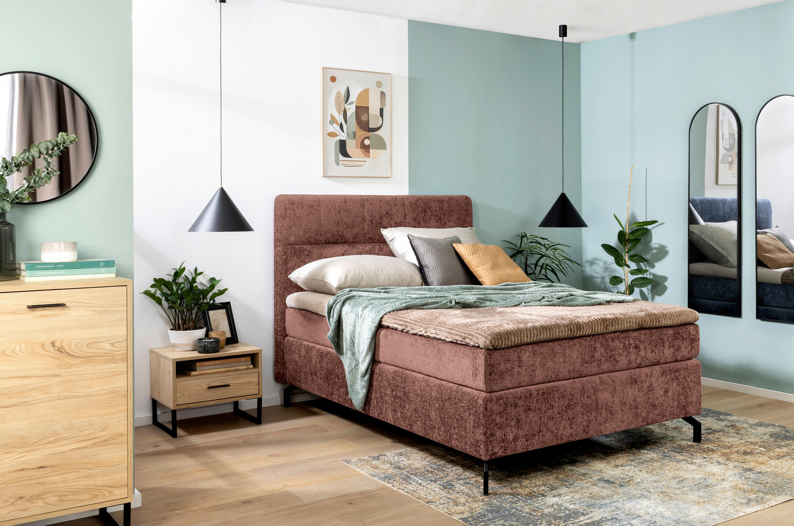 Thumbnail - Esposa Boxspringbett, Rotbraun, Textil, H4, Höhe ca. 17 cm, 140x200 cm, Stoffauswahl, Topper durchgehend, Matratze in ve...