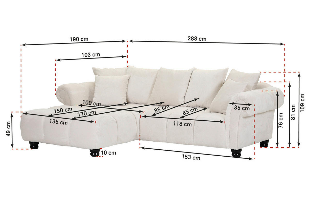 ECKSOFA Weiß Plüsch  - Dunkelbraun/Weiß, KONVENTIONELL, Holz/Textil (190/288cm) - Carryhome