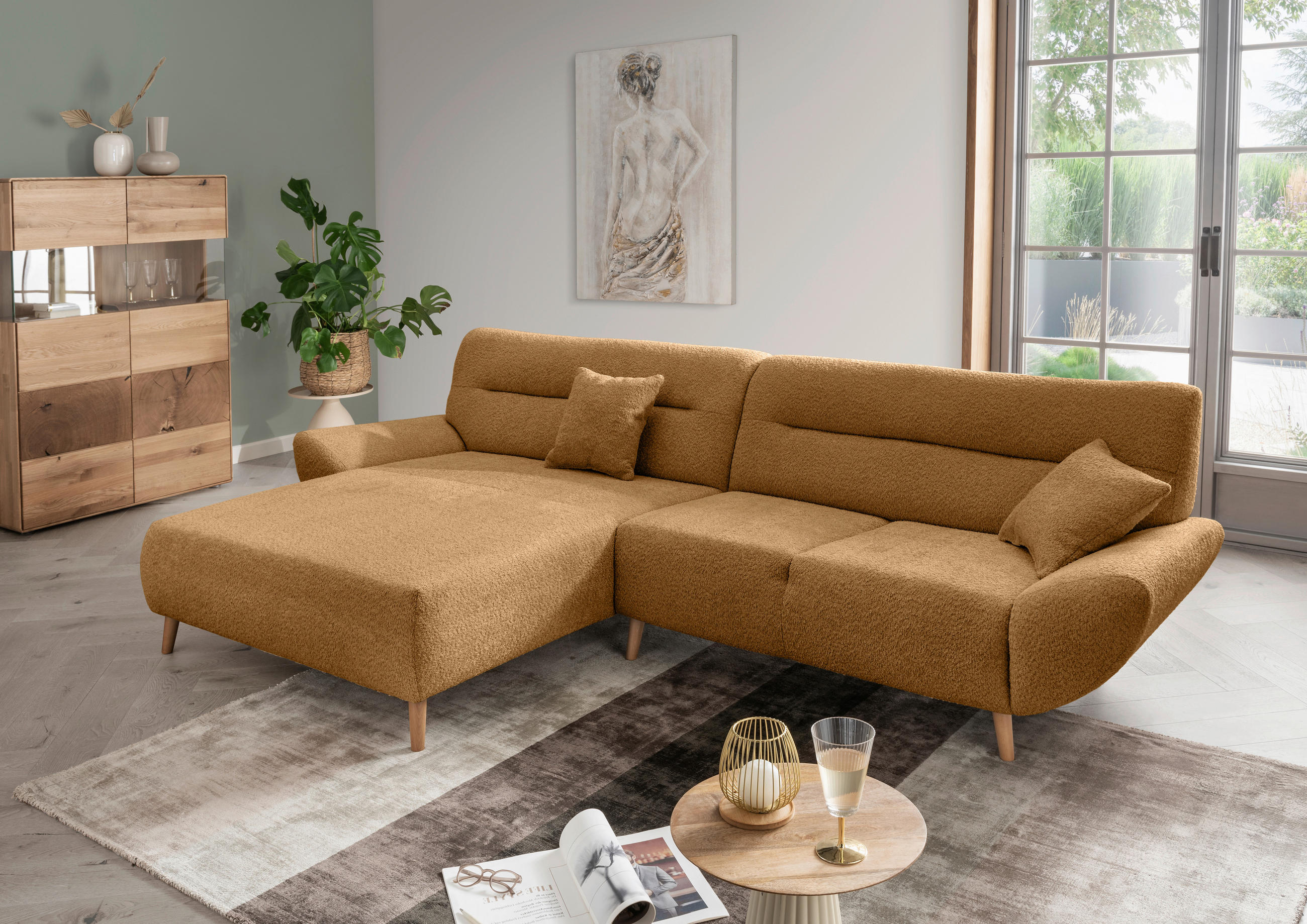 ECKSOFA Goldfarben Bouclé  - Wildeiche/Goldfarben, KONVENTIONELL, Holz/Textil (166cm) - MID.YOU