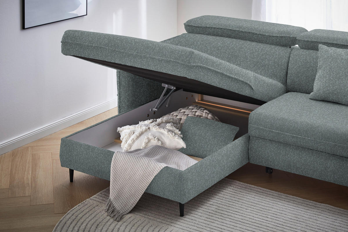 ECKSOFA inkl. Funktionen Petrol Struktur  - Petrol/Schwarz, Design, Holz/Textil (185/232cm) - Stylife