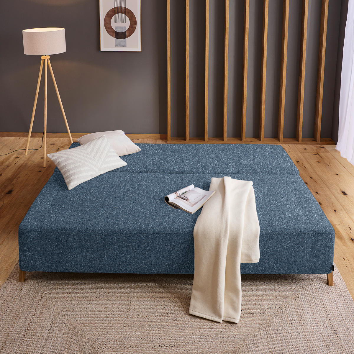 SCHLAFSOFA Bouclé Blau  - Blau/Naturfarben, Design, Holz/Textil (211/88/102cm) - Niels Andersson