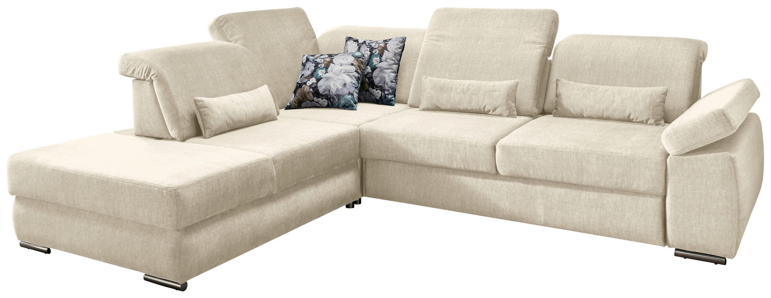 ECKSOFA mit Schlaffunktion Creme Velours  - Chromfarben/Creme, MODERN, Textil/Metall (250/297cm) - Livetastic