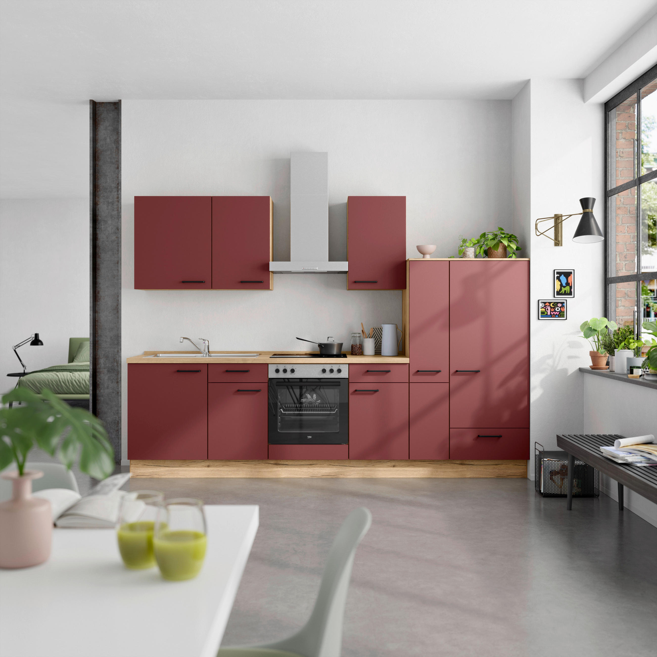 KÜCHENLEERBLOCK 300 cm   in Rot, Eichefarben  - Eichefarben/Rot, MODERN, Holzwerkstoff/Metall (300cm) - Nobilia