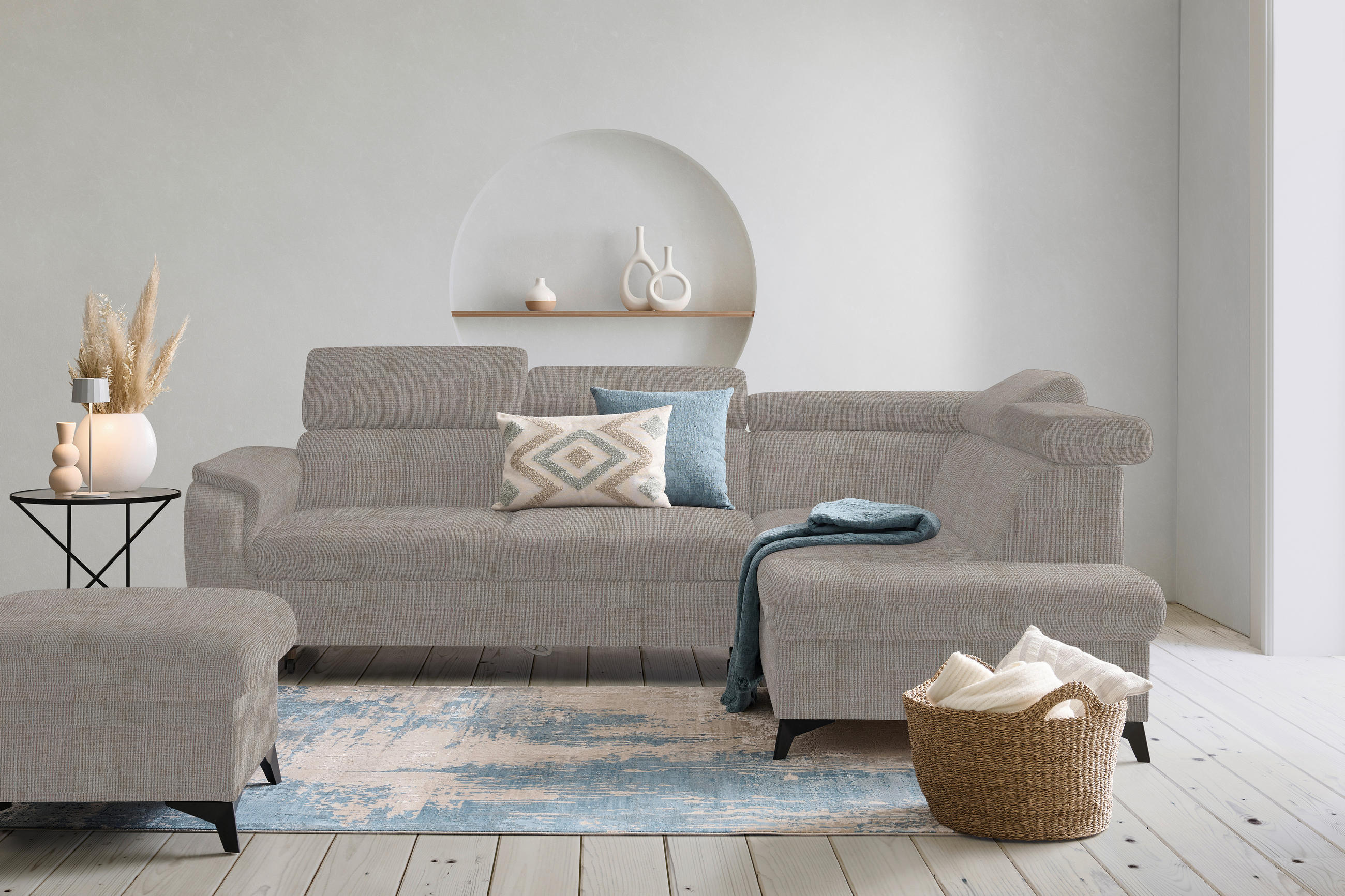 ECKSOFA in Flachgewebe Hellgrau  - Hellgrau/Schwarz, Design, Textil/Metall (260/203cm) - Stylife