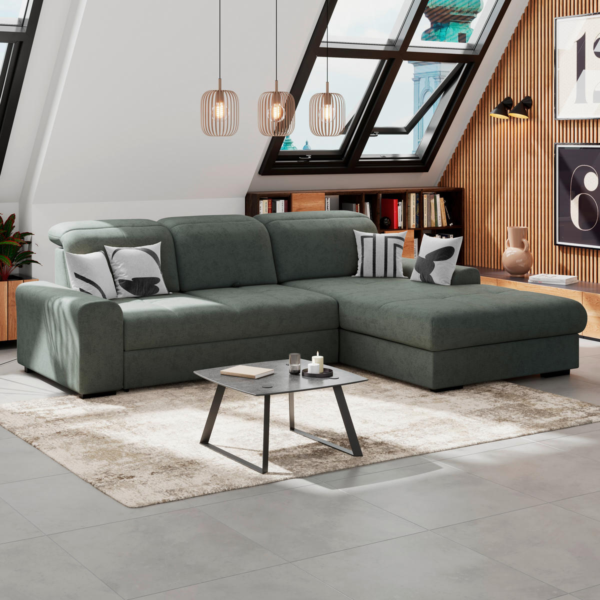 ECKSOFA Grün Chenille Rücken echt, Kopfteilverstellung  - Schwarz/Grün, KONVENTIONELL, Holz/Textil (286/203cm) - MID.YOU