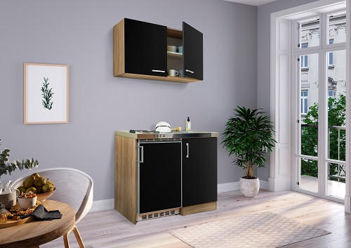 MINIKÜCHE 100 cm   in Schwarz, Sonoma Eiche  - Edelstahlfarben/Eichefarben, MODERN, Holzwerkstoff/Kunststoff (100cm) - Respekta