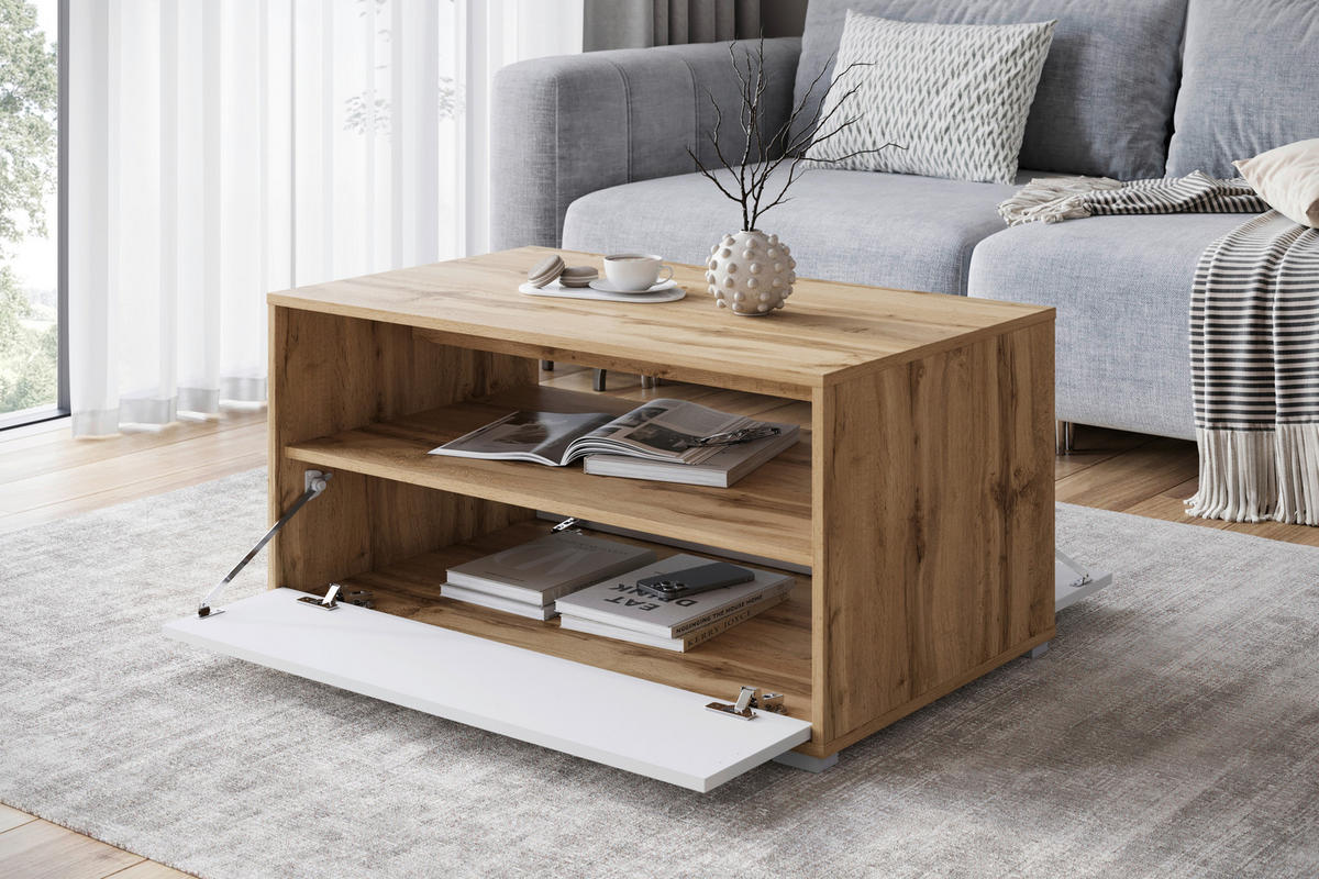 COUCHTISCH in Holzwerkstoff   - Weiss/Eiche Wotan, Trend, Holzwerkstoff/Kunststoff (90/45/55cm) - Livetastic