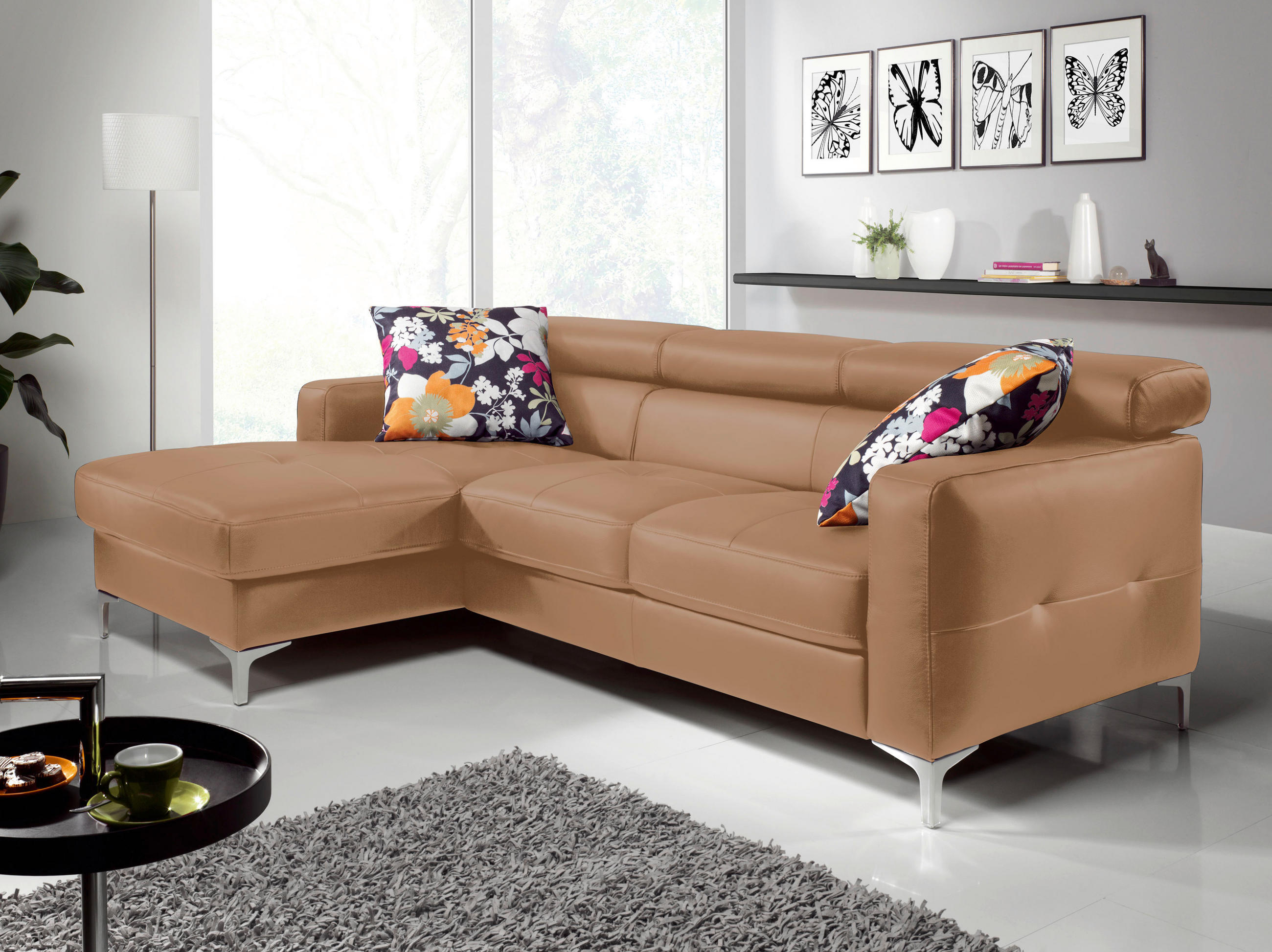 ECKSOFA in Echtleder Cappuccino - Chromfarben/Cappuccino, Design, Leder/Metall (168/227cm) - Livetastic