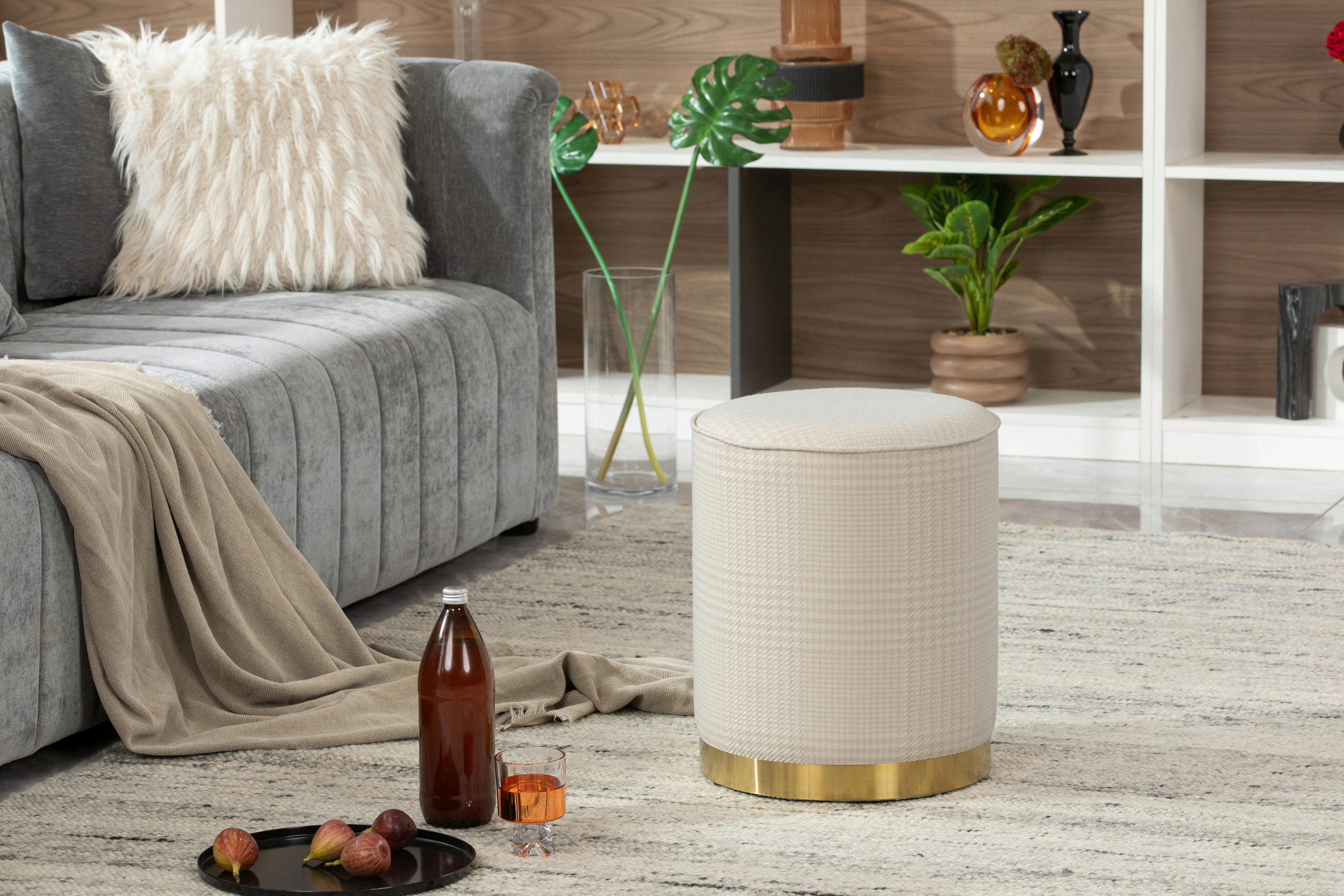 POUF in Beige Metall, Textil, Holzwerkstoff Beige  - Beige/Weiß, Design, Holzwerkstoff/Textil (35/44/35cm) - MID.YOU