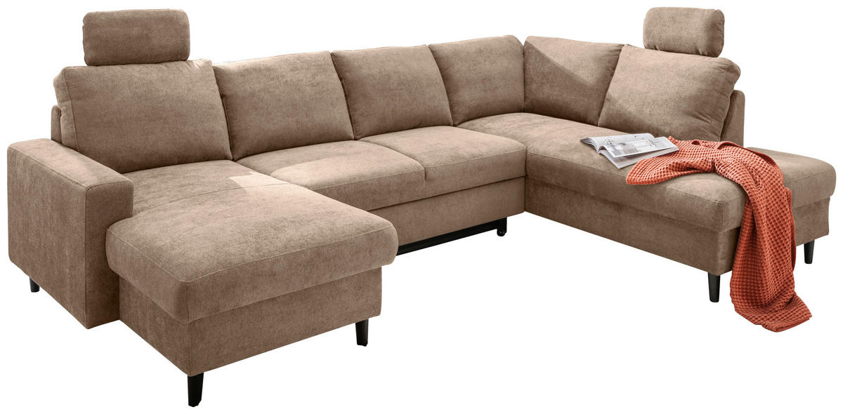 WOHNLANDSCHAFT in Chenille Hellbraun  - Hellbraun/Schwarz, Modern, Holz/Textil (153/305/200cm) - Livetastic