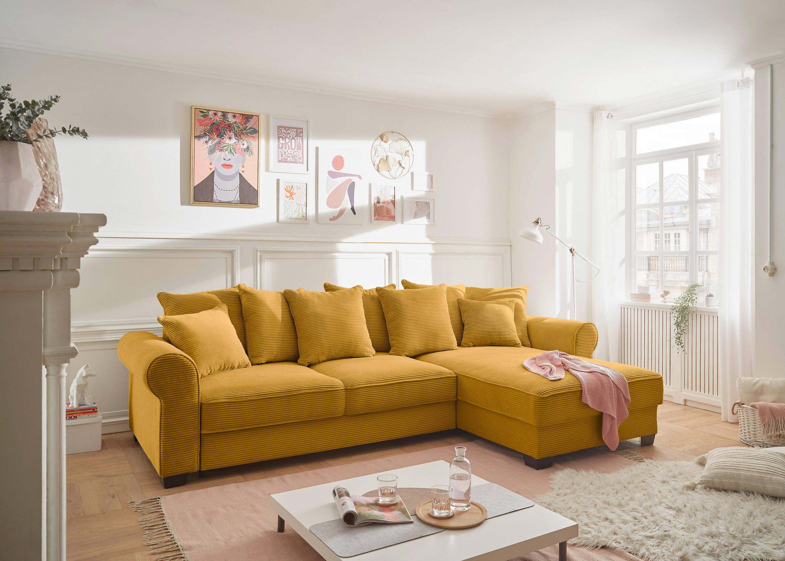 ECKSOFA Gelb Cord  - Gelb/Schwarz, KONVENTIONELL, Kunststoff/Textil (318/197cm) - Hom`in