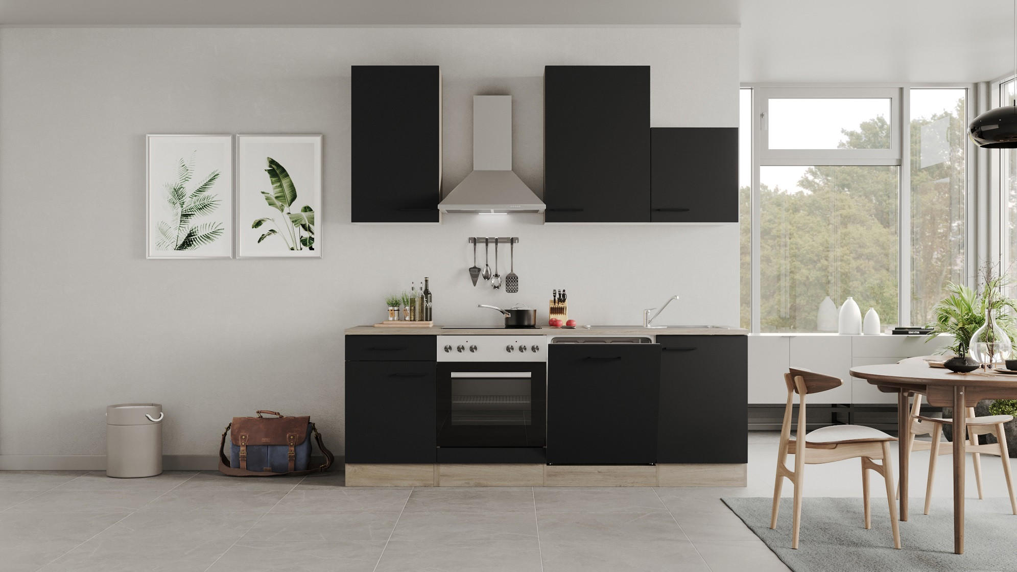 KUCHYNSKÁ LINKA CAPRI 220 - čierna/farba duba, Modern, kov/kompozitné drevo (220cm) - FlexWell