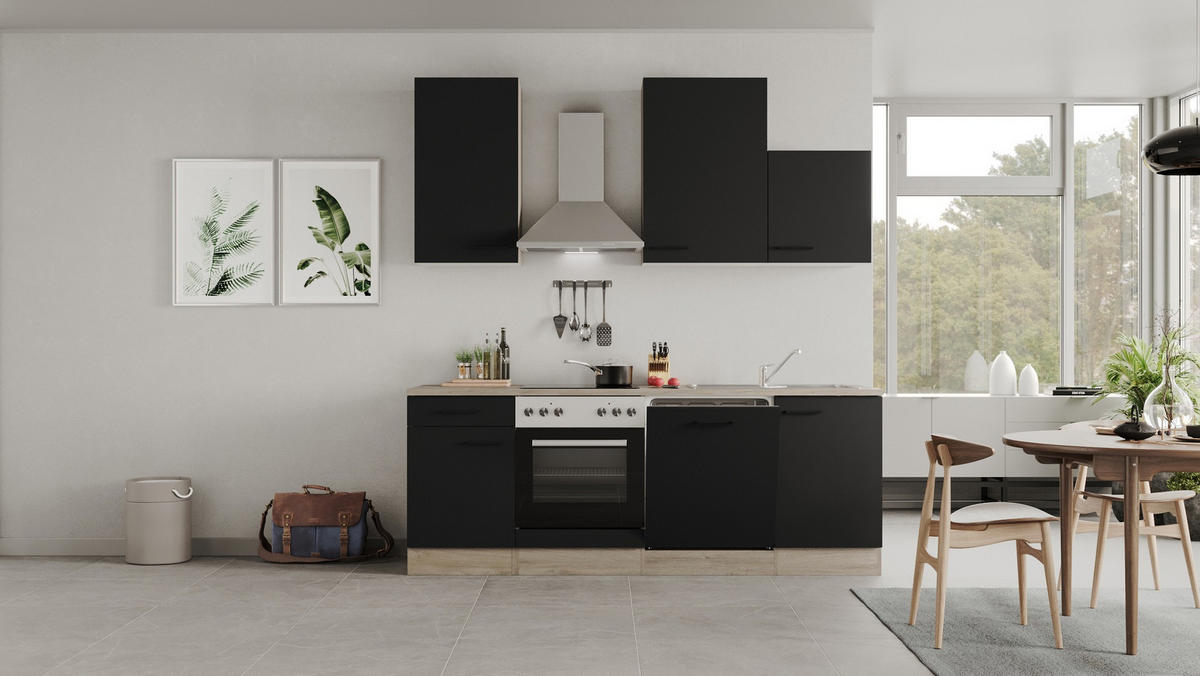 KUCHYŇSKÁ LINKA CAPRI 220 - černá/barvy dubu, Moderní, kov/kompozitní dřevo (220cm) - FlexWell