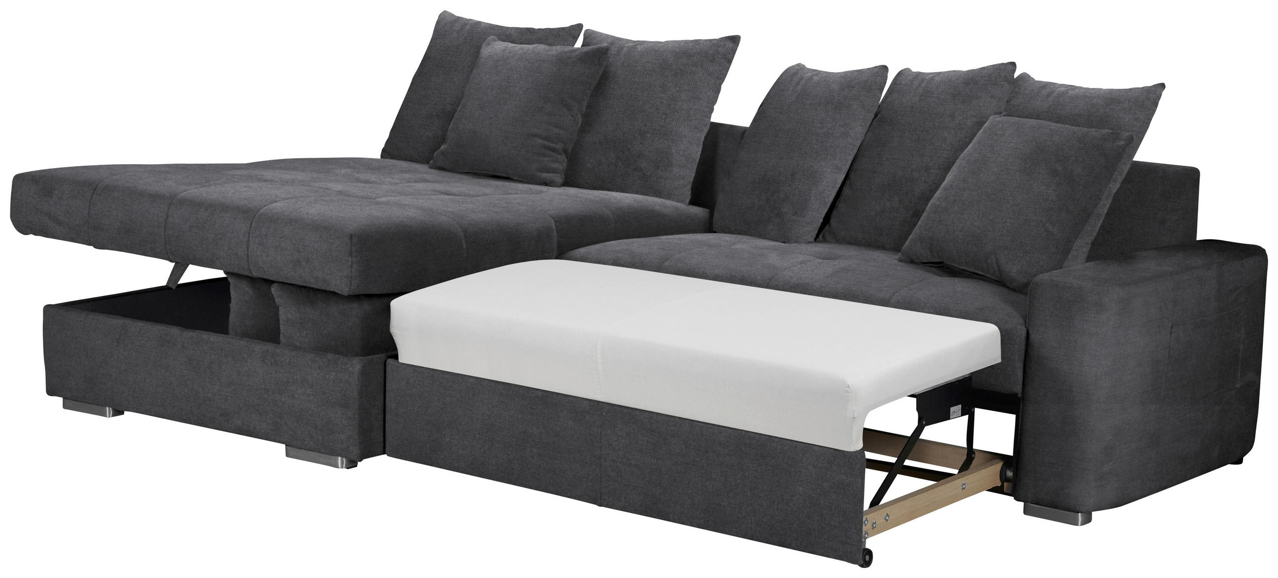 Thumbnail - Mid.you Ecksofa Salvador, Dunkelgrau, Textil, Wenge, 3-Sitzer, Ottomane links, L-Form, 293x164 cm, Armteil links, rechts...