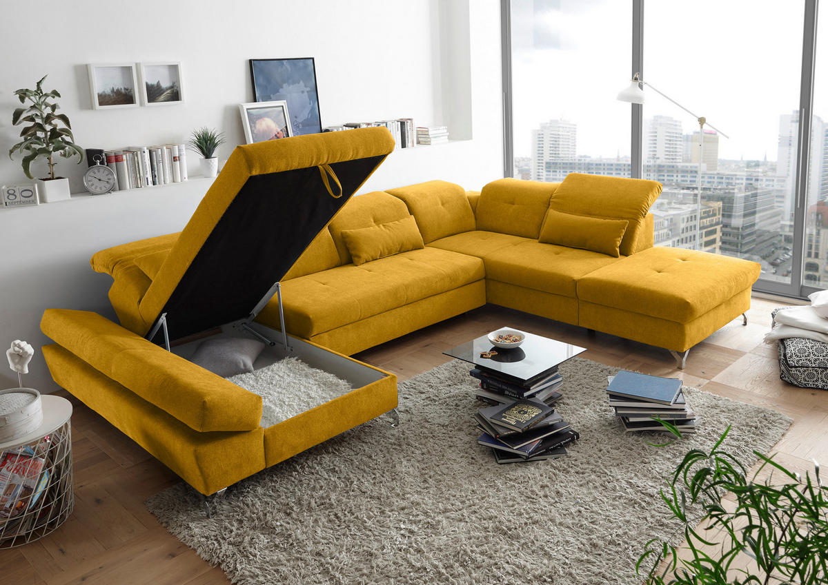WOHNLANDSCHAFT in Mikrovelours Gelb  - Gelb/Silberfarben, Modern, Textil/Metall (168/350/245cm) - MID.YOU