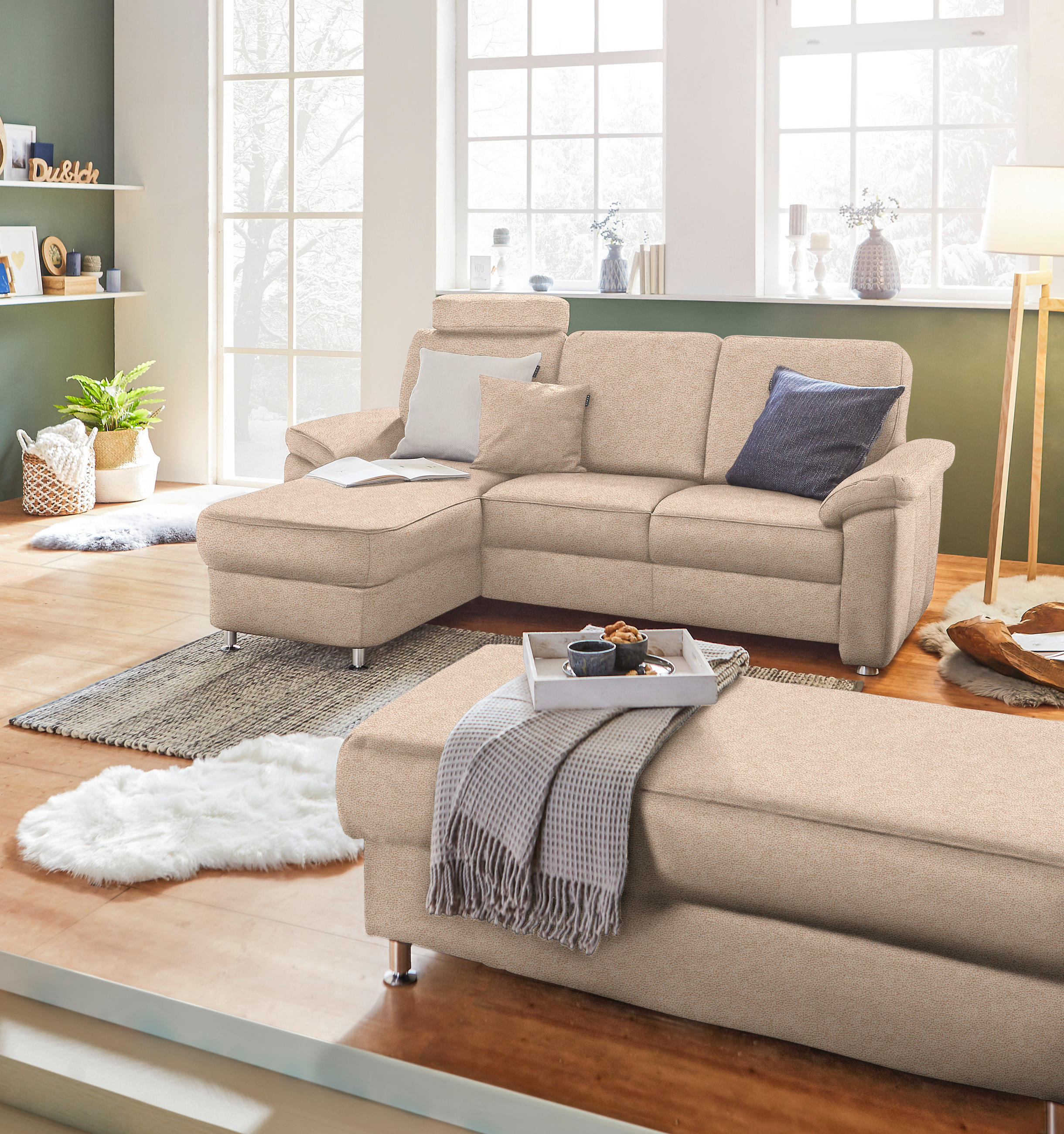 ECKSOFA in Flachgewebe Beige  - Chromfarben/Beige, Konventionell, Textil/Metall (163/220cm) - Beldomo System