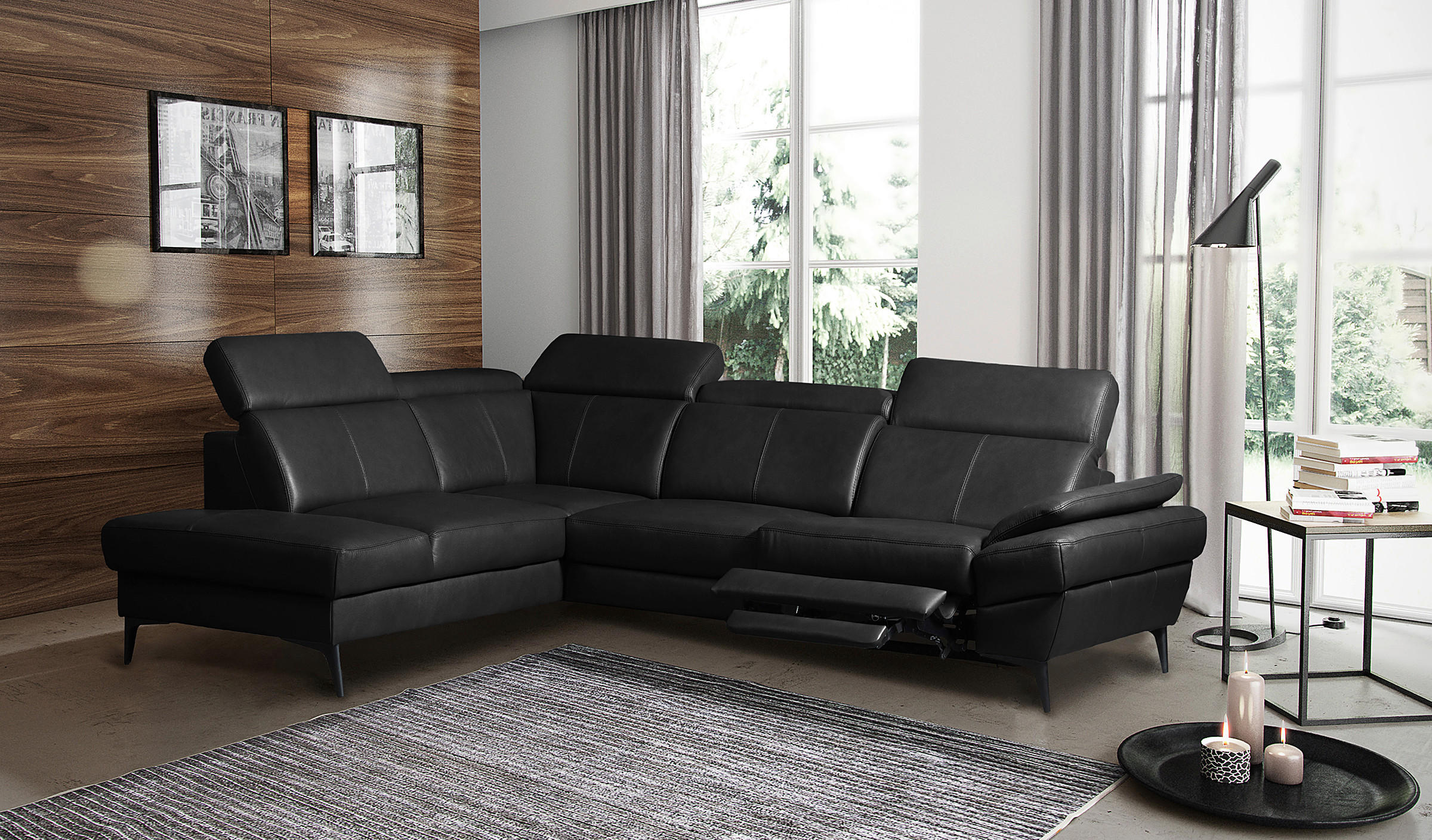 ECKSOFA Lederlook Echtleder Schwarz  - Schwarz, Design, Leder/Textil (211/264cm) - Livetastic