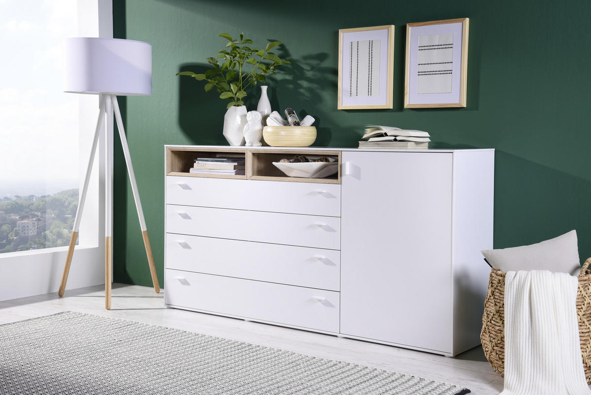 KOMODA, bílá, barvy dubu, 180,4/92,8/43 cm - bílá/barvy dubu, Design, kompozitní dřevo (180,4/92,8/43cm) - Hom`in