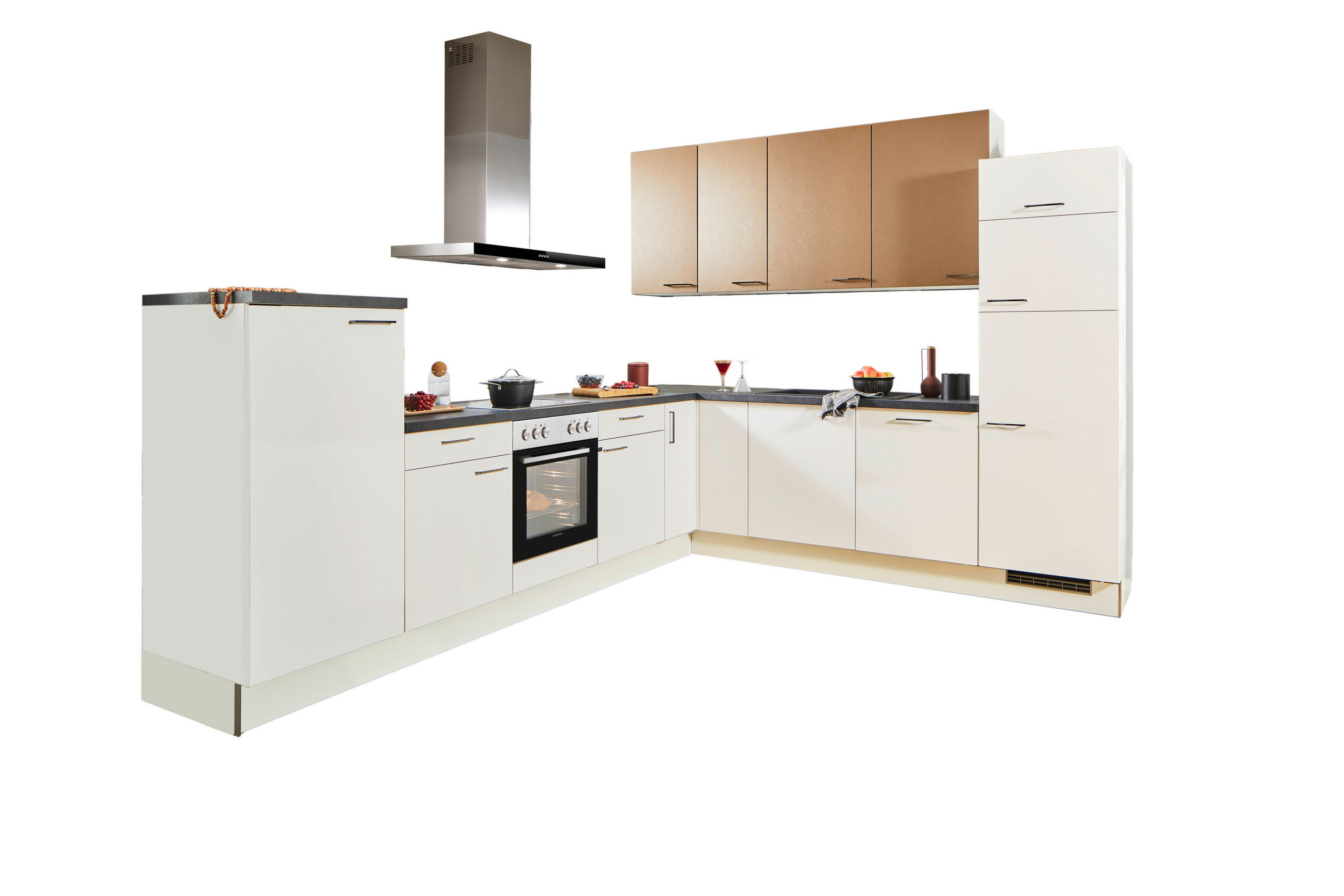 ECKKÜCHE 330/270 cm  in Weiß, Bronzefarben  - Schwarz/Weiß, Design, Holzwerkstoff/Metall (330/270cm) - Xora