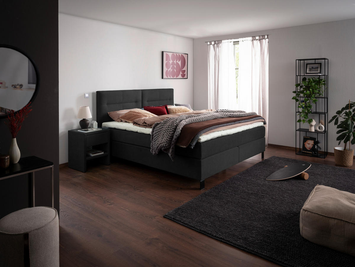 BOXSPRINGBETT 160/220 cm,  in Anthrazit, Matratze, Topper, H2 + H3 = mittel + fest  - Anthrazit/Schwarz, KONVENTIONELL, Textil/Metall (160/220cm) - Esposa