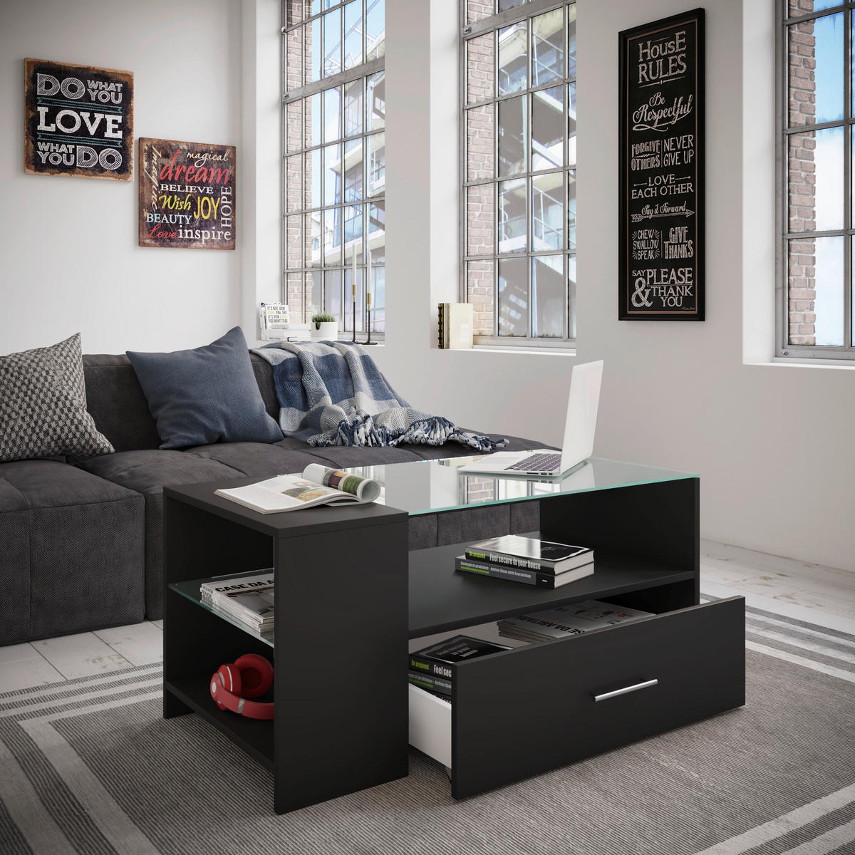 COUCHTISCH in Glas, Holzwerkstoff 50/100/45 cm  - Schwarz, Basics, Glas/Holzwerkstoff (50/100/45cm) - MID.YOU