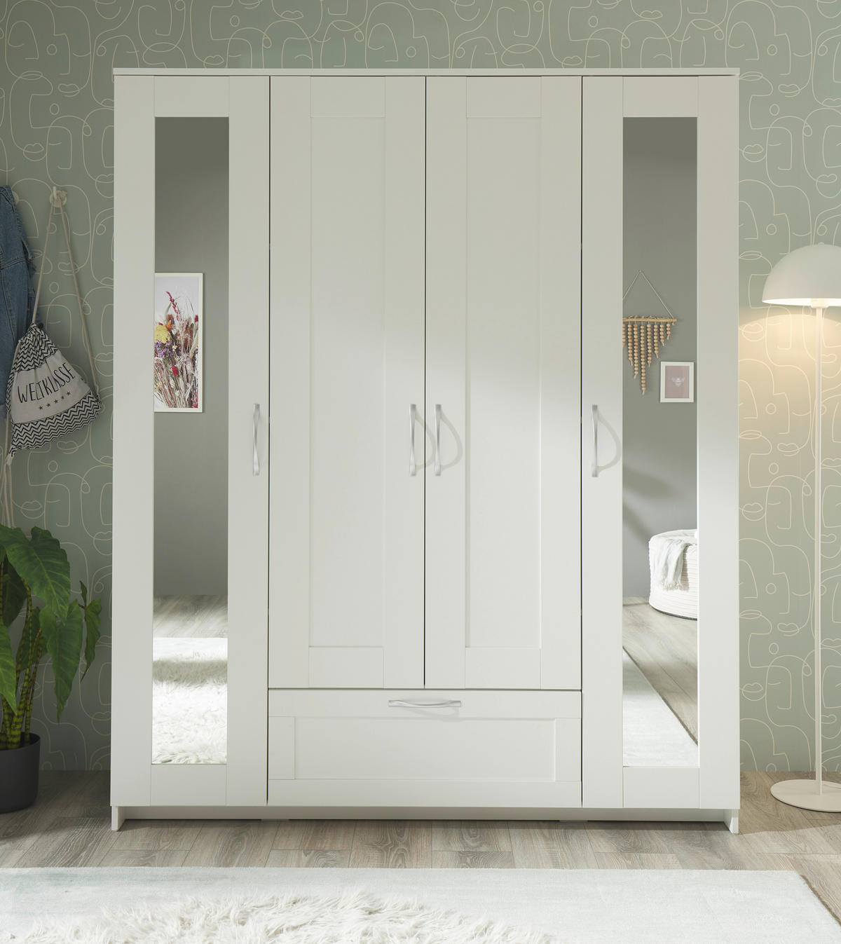 KLEIDERSCHRANK 156/191/50 cm 4-türig Weiß  - Alufarben/Weiß, KONVENTIONELL, Glas/Holzwerkstoff (156/191/50cm) - Boxxx