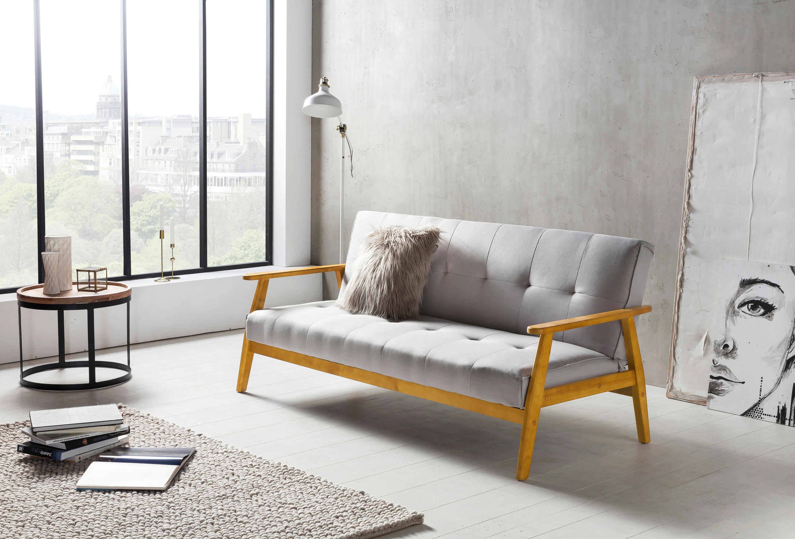 SCHLAFSOFA Webstoff Naturfarben, Hellgrau  - Hellgrau/Naturfarben, MODERN, Holz/Textil (190/81/85cm) - Livetastic