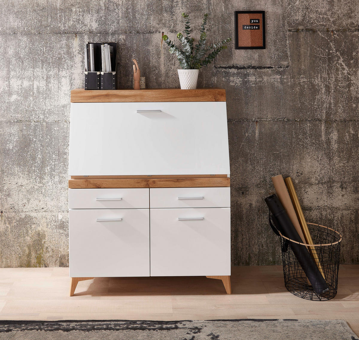 SEKRETÄR  Kabeldurchlass, Stauraum  - Eichefarben/Alufarben, Trend, Holzwerkstoff/Kunststoff (98/124/39,6cm) - Carryhome