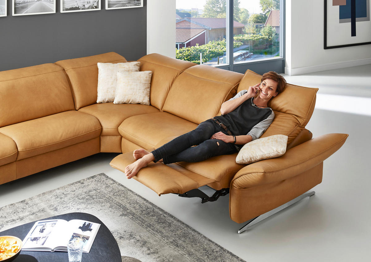 ECKSOFA in Echtleder Orange  - Edelstahlfarben/Orange, Design, Leder/Metall (258/292cm) - Hukla
