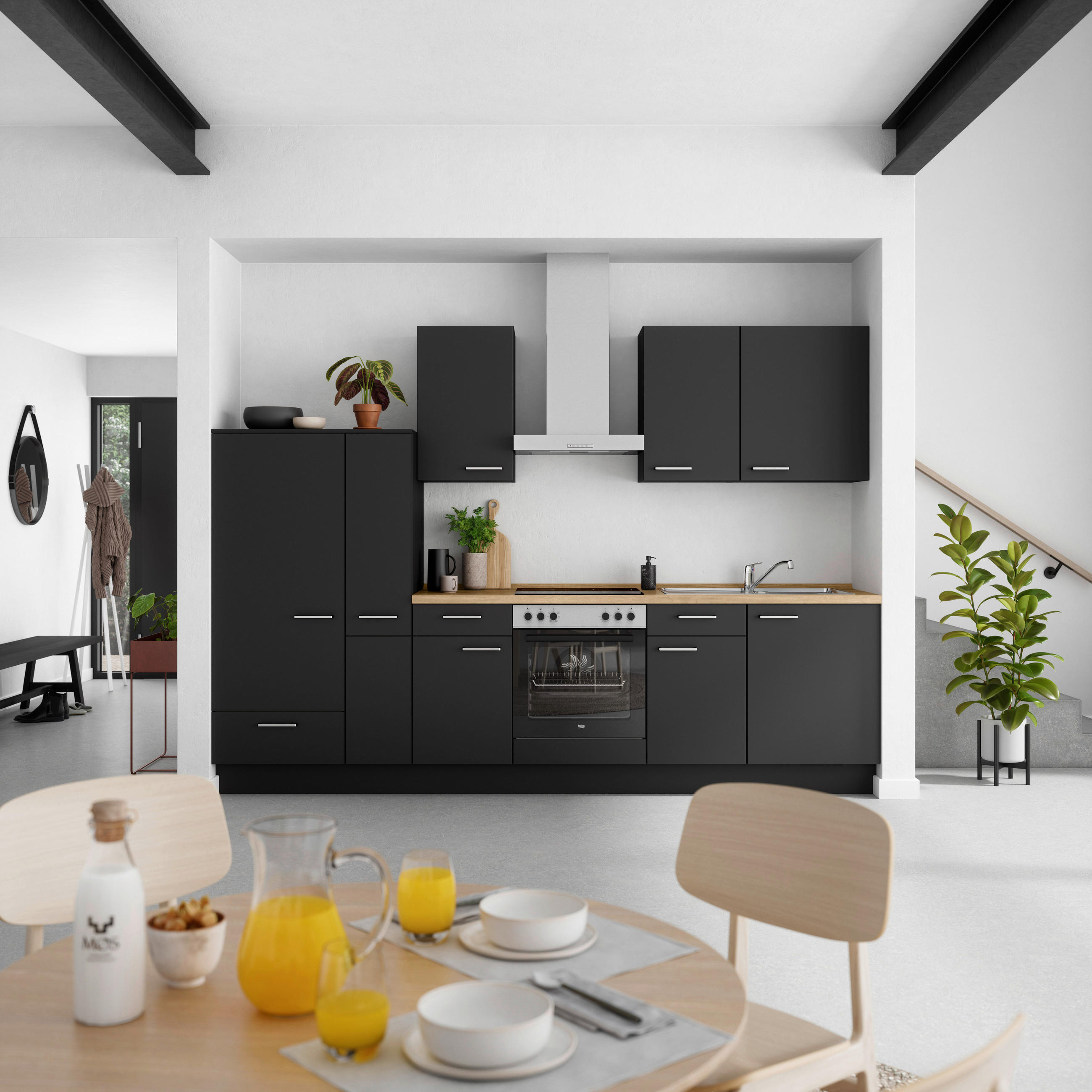 KÜCHENLEERBLOCK 300 cm   in Schwarz, Eichefarben  - Edelstahlfarben/Eichefarben, MODERN, Holzwerkstoff/Metall (300cm) - Nobilia