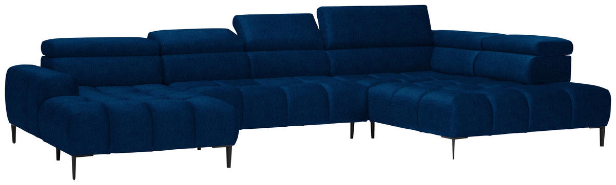 WOHNLANDSCHAFT in Samt, Webstoff Blau  - Blau/Schwarz, Design, Textil/Metall (177/385/216cm) - Welnova
