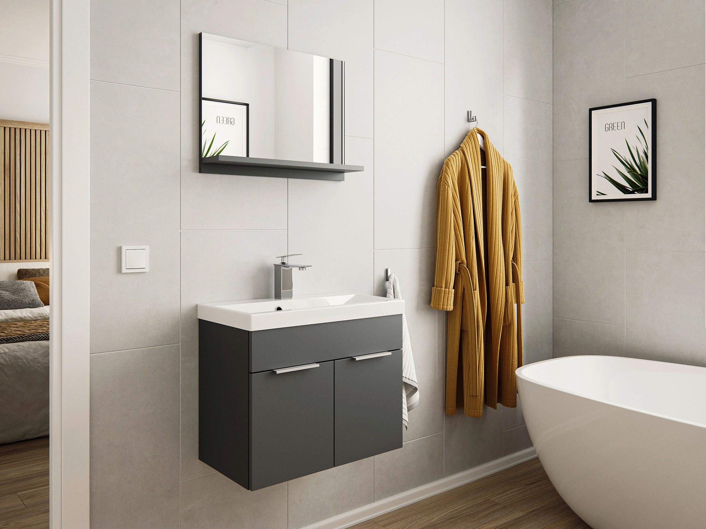 WASCHTISCHKOMBI 59,5 cm  - Graphitfarben, Basics, Holzwerkstoff/Stein (59,5cm) - MID.YOU